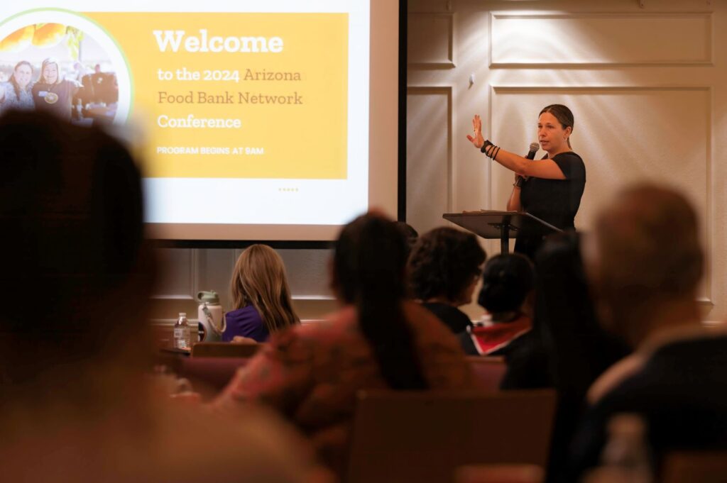 AzFBN president & CEO April Bradham urges decision-makers to consider food-insecure families at a press conference.